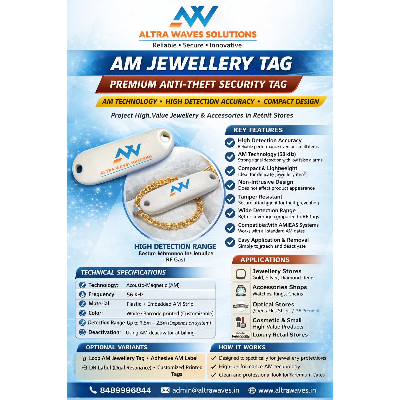 AM jewellery tag attached to gold necklace for retail anti-theft protection